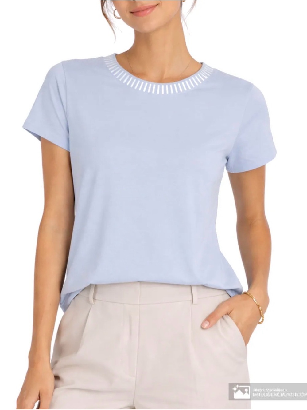 Karl Lagerfeld Pale Blue Knit Top Stretch Short Sleeve Luxury Size M